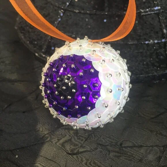 Christmas Eyeball Ornament Glam Sparkle Sequin Beaded Halloween OOAK Purple